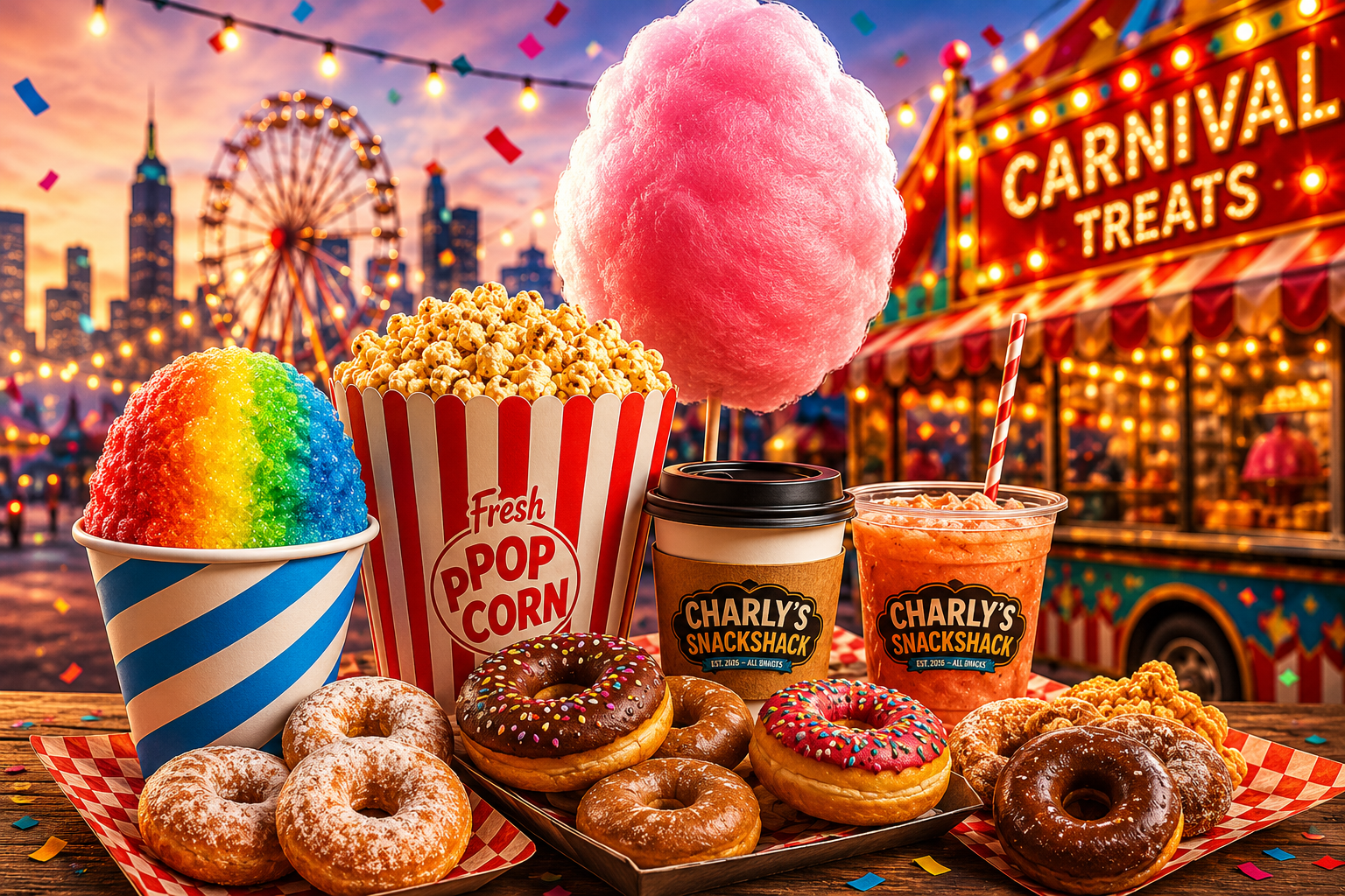 Charly's carnival snacks: snow cone, popcorn, cotton candy, coffee and mini donuts